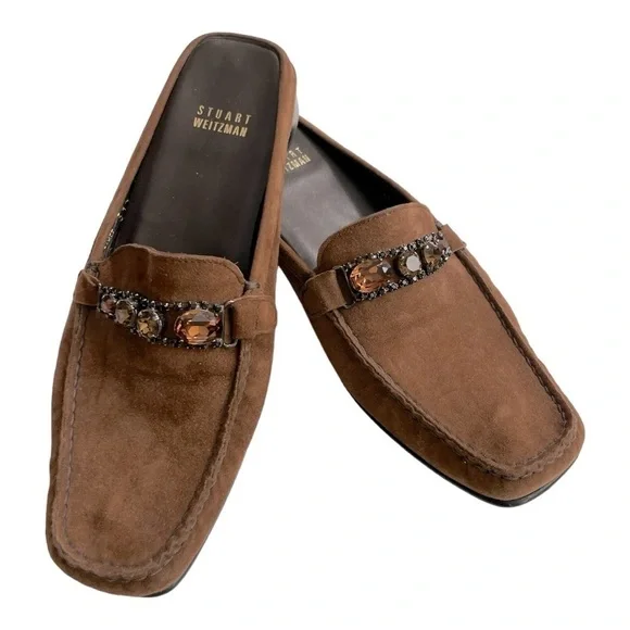 Stuart Weitzman Slip-On Loafers Brown Suede with Gem Embellishment size 8W - Picture 2 of 8